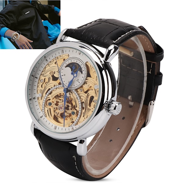 FORSINING Vattentät Automatisk Mekanisk Klocka Herr PU Armbandsur Vit Silver Svart