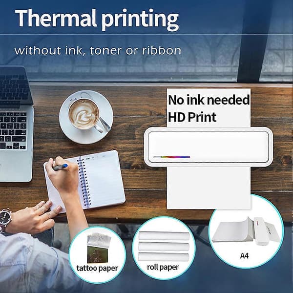 【03】Bærbare blækfri printere, genopladelig trådløs Bluetooth-printer til rejser, kontor og hjem, understøtter A4-størrelse termisk papir, iOS og Android Black