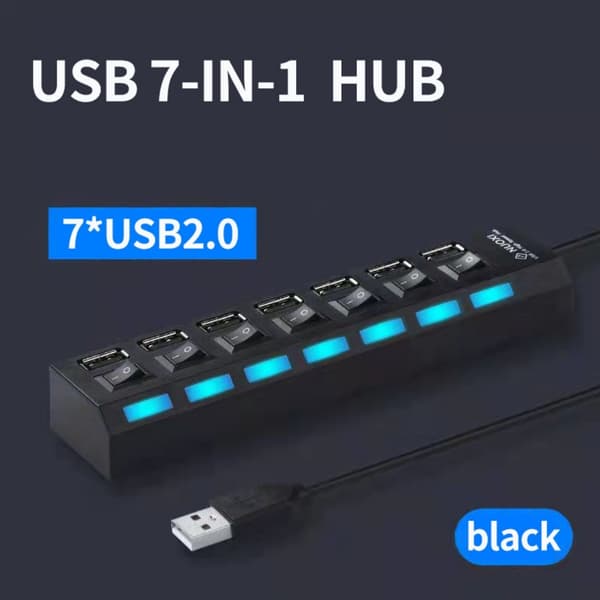 7-portars USB 2.0-hubb med oberoende LED-omkopplare, 5 Gbps dataöverföring, universell USB-förlängningskabel för bärbar dator, PC