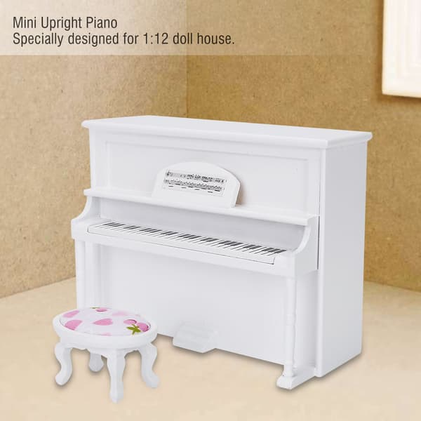 1:12 Dockhus Tillbehör Mini Upprätt Piano Modell Leksak med Pall Simuleringsmöbler Vit
