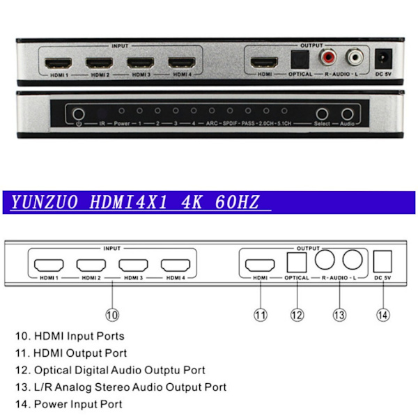 4x1 HDMI-switch og lydsplitter UHD 4K 3D HDMI 2.0 ARC Toslink+RCA