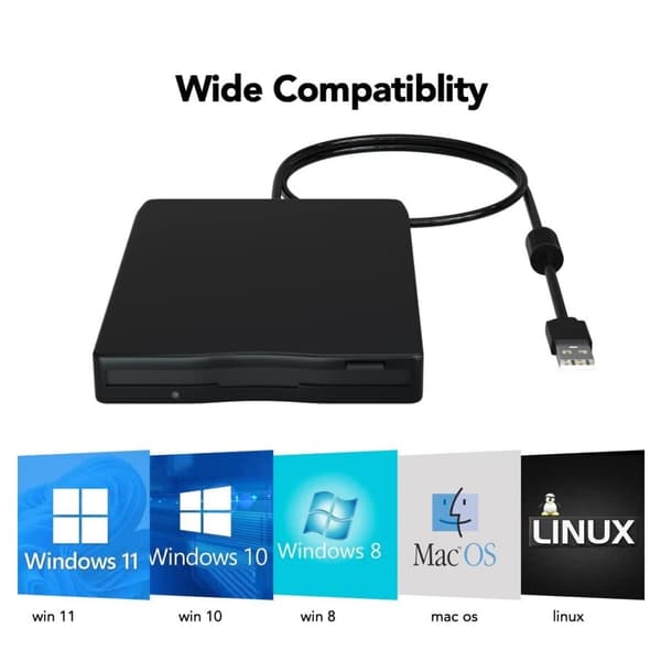 Bärbar diskettenhet, kompatibel med 1,44 MB disketter för läsning och skrivning av data. Extern USB-diskettenhet