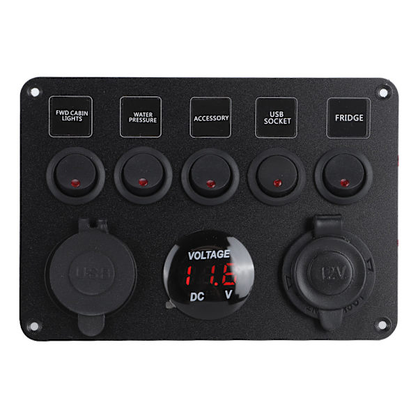 5-vejs LED vippekontaktpanel med digital voltmeter, universal til autocamper, bil, motorbåd, rød