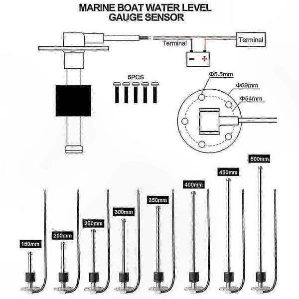 Rustfrit stål marine brændstofniveaugiver 100-500mm med rød baggrundsbelysning til både og biler 0-190 Ohm 9-32V måler WS