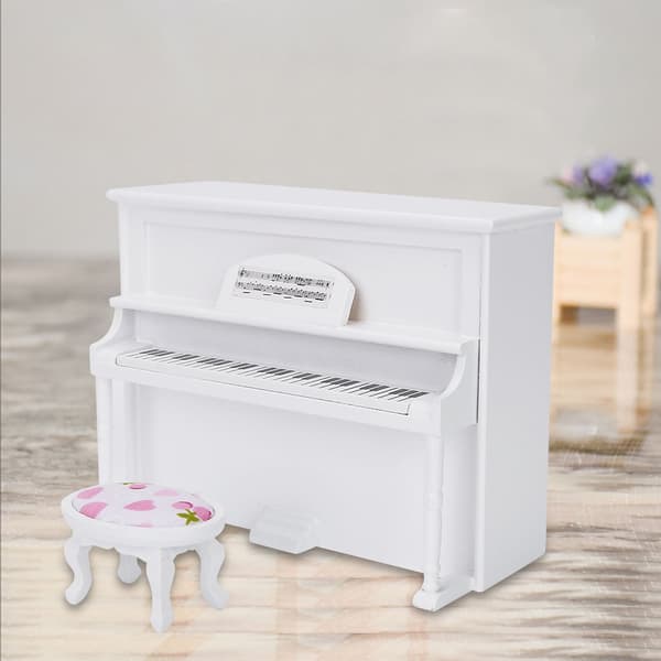 1:12 Dockhus Tillbehör Mini Upprätt Piano Modell Leksak med Pall Simuleringsmöbler Vit