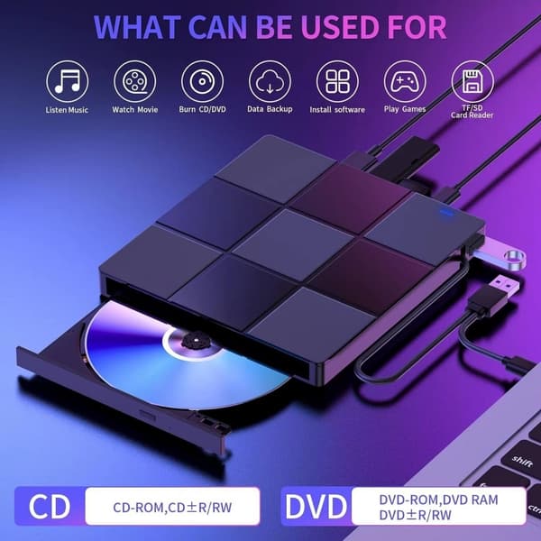 Extern DVD-enhet, stationär/bärbar DVD-brännare, multifunktionell kortbrännare, 7-i-1 extern CD/DVD-brännare.