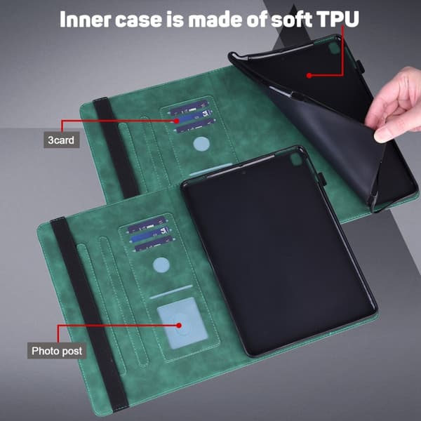【03】Samsung Galaxy Tab A9+ / A11+ Etui i præget læder med påfuglemønster Grön