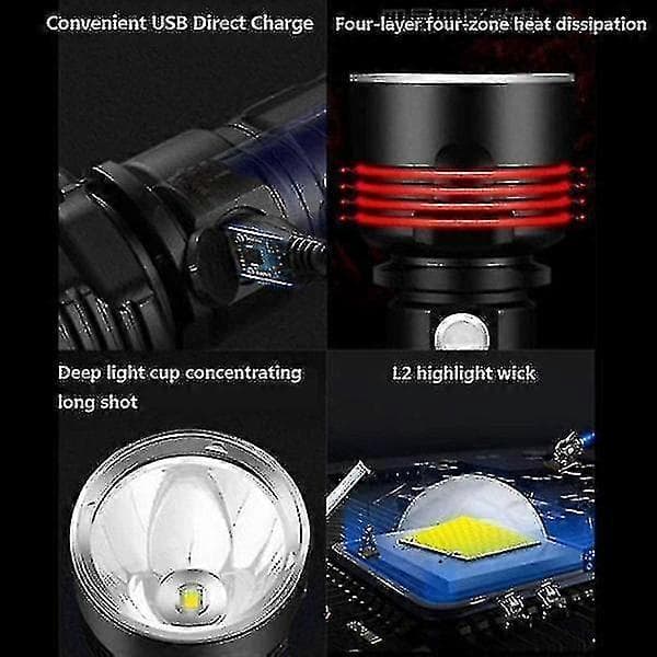 P70-taskulamppu 30 000–10 000 lumenin tehokas LED-taskulamppu, musta