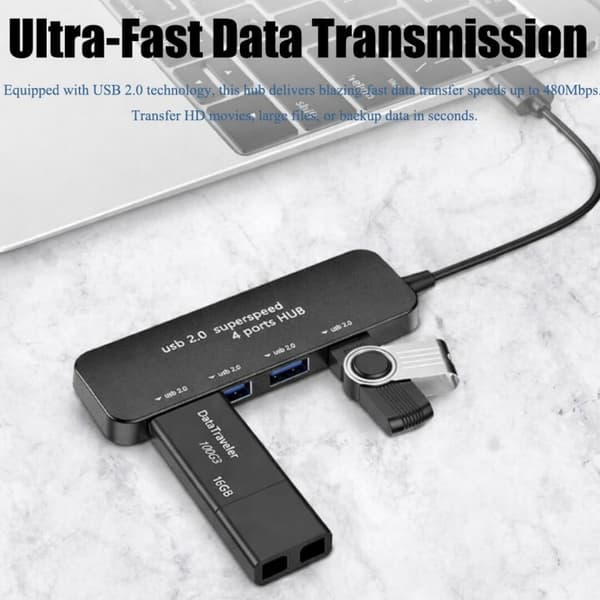 4-i-1 USB 2.0 Hub med 4 porte, ultrahurtig 480 Mbps dataoverførsel, stabil og pålidelig ydeevne, til bærbar computer, pc