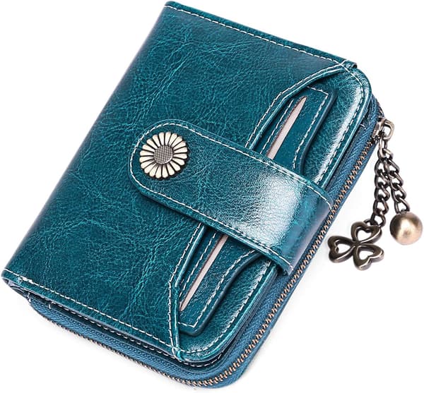 【03】Damplånböcker för kvinnor Äkta läder Liten Bifold Kompakt Damplånbok med RFID-skydd A Peacock Blue