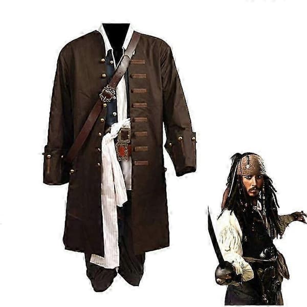 Jack Sparrow Pirat Cosplay Kostym Komplett Set, Perfekt Utrustning för Halloweenfest, Temaevenemang och Rollspel clothes S
