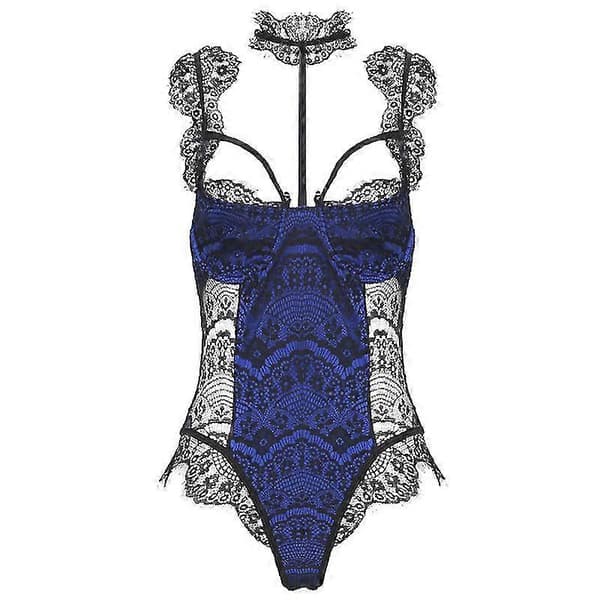 Damunderkläder Spetsbody med djup V-ringning och teddy mini-babydoll BLUE S
