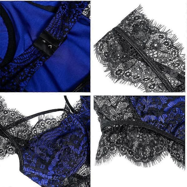 Dameundertøj Blondebody med dyb V-udskæring og teddy mini-babydoll BLUE S