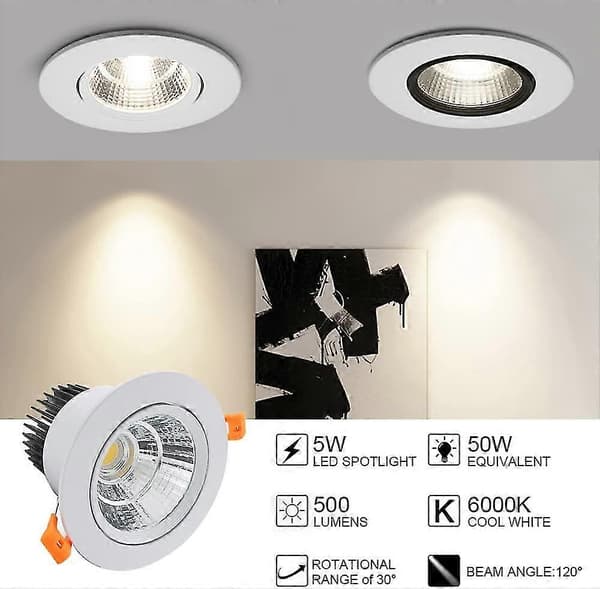 x LED infällda spotlights, 5W COB, kallvit 6000K, IP44 (vit) (öppning: 75 mm)