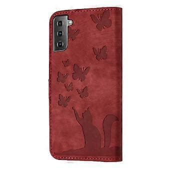 【03】Compatible with Samsung Galaxy S21 FE 5G Embossed Butterfly Cat Wallet Case with Card Slots Kickstand Case Red