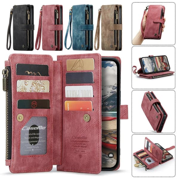【03】Læderpung-etui med lynlås til iPhone 15 14 13 12 11 Pro Max XS XR 8 - GSL sort sort black iPhone13  6.1