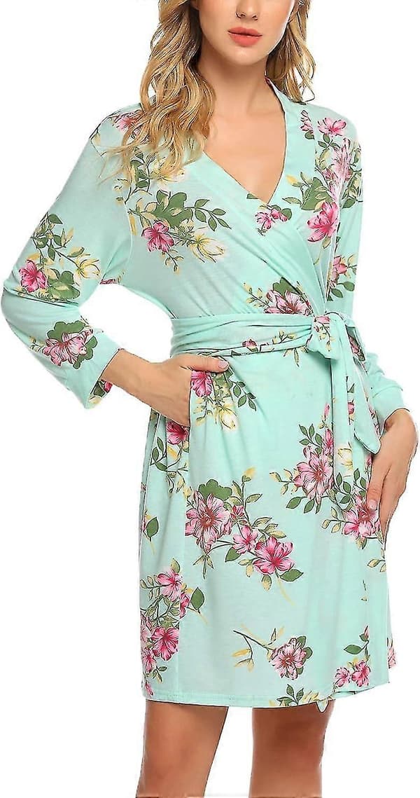 Dammorgon Lätt kimono Morgonrockar Kort stickad badrock Mjuka sovkläder Dammorgonkläder Mint Floral