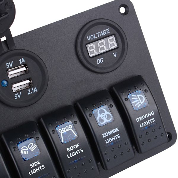 6-vejs LED Bil Båd Vippekontaktpanel USB-stik Cigaretstik Voltmeter