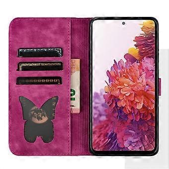 【03】Compatible with Samsung Galaxy S21 FE 5G Embossed Butterfly Cat Wallet Case with Card Slots Kickstand Case Pink