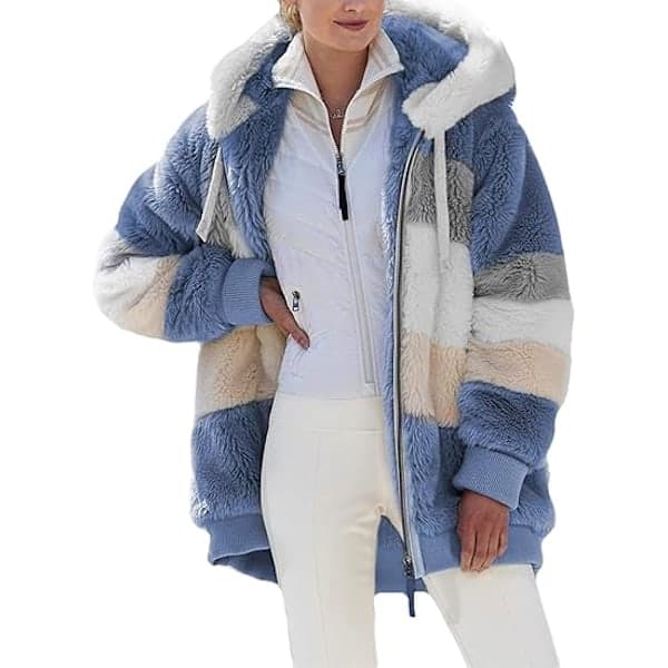 【03】Fluffy fleecejakke til kvinder med hætte, farveblok, patchwork, overtøj med lommer M