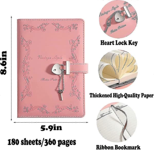 Dagbog med Lås og Nøgle til Piger Tyk 360 Sider Læder Hjerteformet Låsbar Journal Sød Låst Hemmelig Dagbog Notebook til Kvinder Voksne A5 (pink