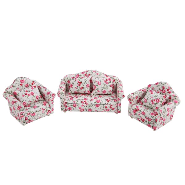 Dockhusaccessoarer i skala 1/12, blommönstrad mini-möbelsoffa med ryggkuddar (#2)
