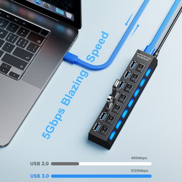 USB-hub 3.0 med 7 portar och LED-strömbrytare & förlängningskabel för MacBook, Mac Pro, Mac Mini, iMac, Surface Pro, XPS, PC
