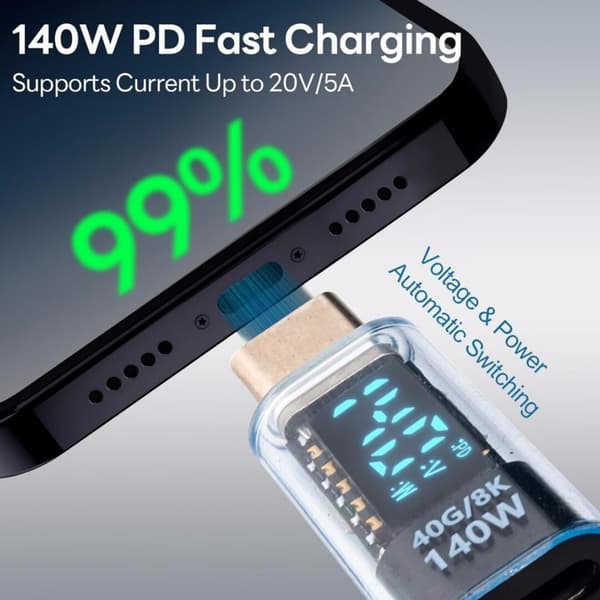 Sæt med 2 adaptere med en maksimal effekt på 140W, med USB-C til USB-C forbindelse og et digitalt display