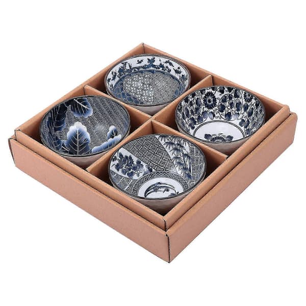 Retro blå och vit keramikskålset, traditionell kinesisk design, 4 delar för matservering