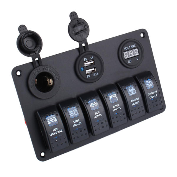 6-vägs LED Bil Båt Vippströmbrytarpanel USB-uttag Cigarettplugg Voltmeter