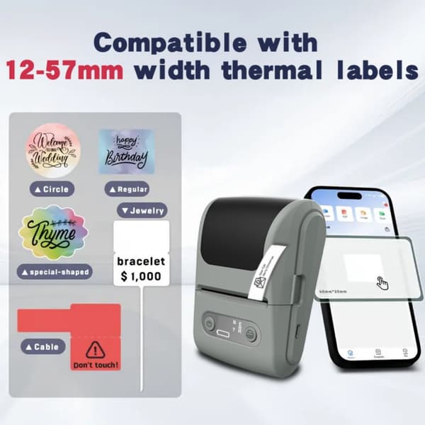 Bluetooth termisk printer, blækfri etiketprinter, bærbar mini lomme printer til hjemmet, hvid