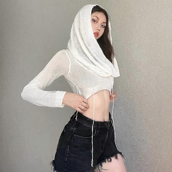Trendy ny langærmet crop top med hætte til kvinder, crop top i crop top-model white S