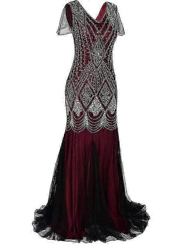 Dame Vintage Pailletter Flæset Lang Gatsby Flapper Kjole Red Gold L