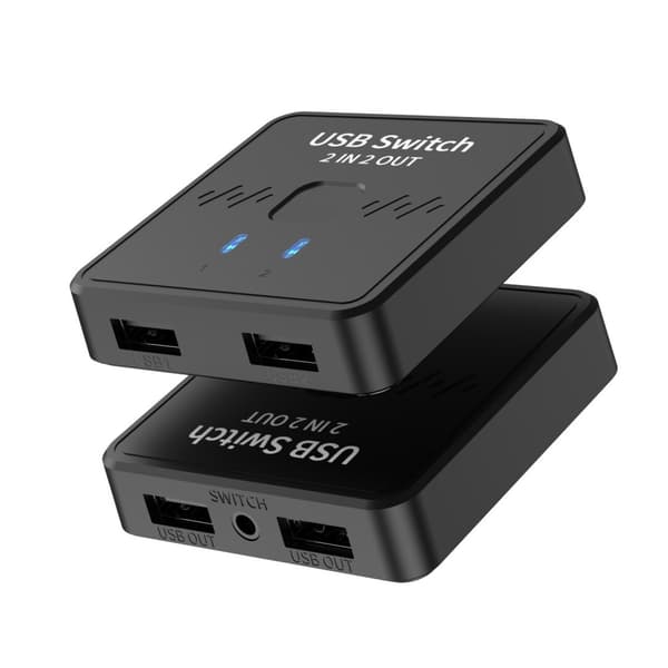 USB-switch 2 in 2 ut, USB-switch, skrivardelare för 2 datorer, 2-ports USB-väljare med 2 USB-kablar och extern kontroll