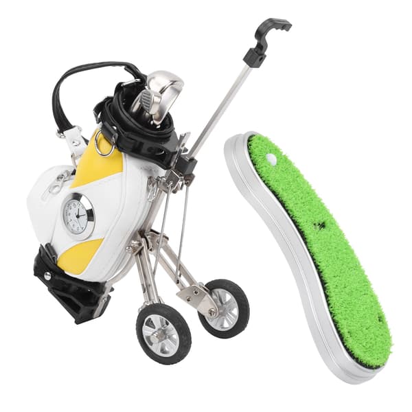 Mini Skrivbords Golfbag Pennställ i Zinklegering med Gräsmatta Bas Klocka Golfpennor Souvenirgåva
