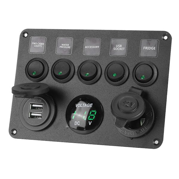 5-vejs LED vippekontaktpanel med digital voltmeter, universal til autocamper, bil, motorbåd, grøn