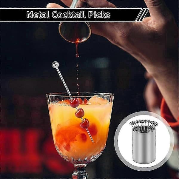 20 stk. cocktailpinde i rustfrit stål med holder - genanvendelige sølvspyd Silver