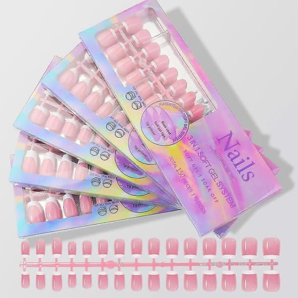 【03】Soft Gel Nail Tips, French Tip Press On Nails 14 Sizes 3 in 1 X Coat Tips with Pre-Applied Tip Primer & Base Coat