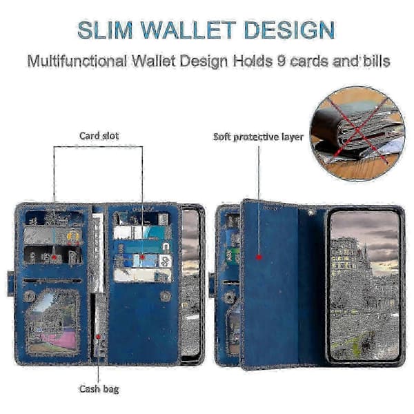 Til Honor Magic7 Lite/X9c 5G PU-læder lynlås pung etui med 9 kortpladser -NBB Blue