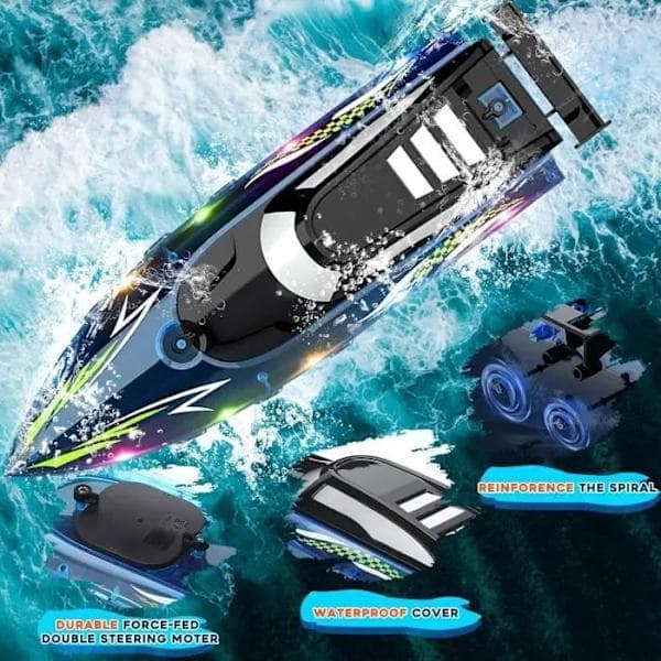 【03】Fjernstyret båd, 2,4 GHz RC højhastighedsracerbåd med LED-lys, til børn og voksne, pool, sø, flod, blå