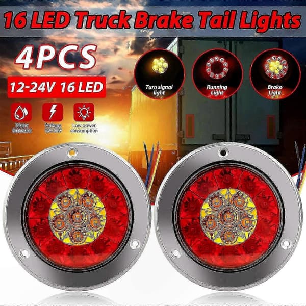 st. 4" runda LED-bakljus för lastbilssläp med röda/bärnstensfärgade linser, 16 lysdioder, vattentäta, 12–24V