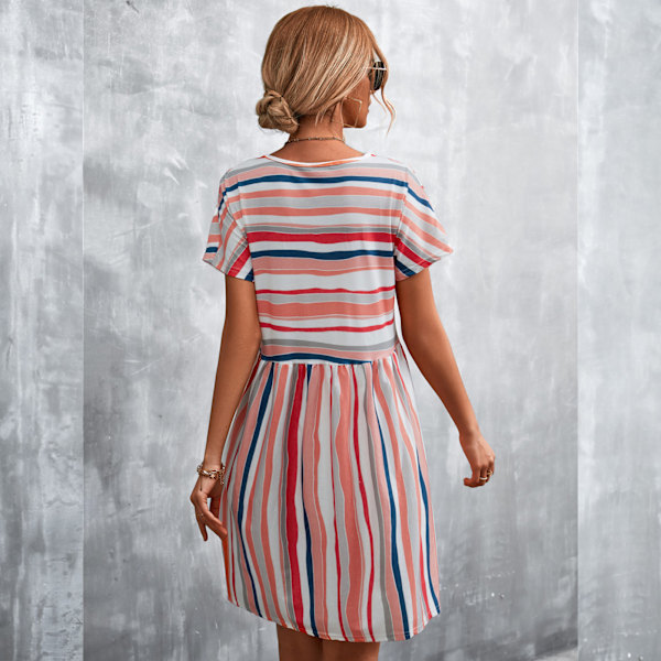 Dam Kortärmad Klänning Randig Tryckt Rund Hals Casual Stil Lös Klänning för Sommar Orange Rosa M