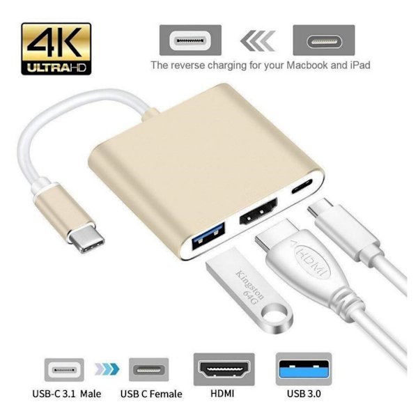 USB-C multi-portadapter, kompatibel med USB, USB-C (USB PD) och HDMI.