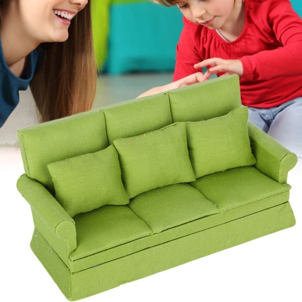 1:12 Dockhus Mini Soffa med 3 st Kuddar Vardagsrumsmöbler Trä Dockhus Dekorations Tillbehör Grön