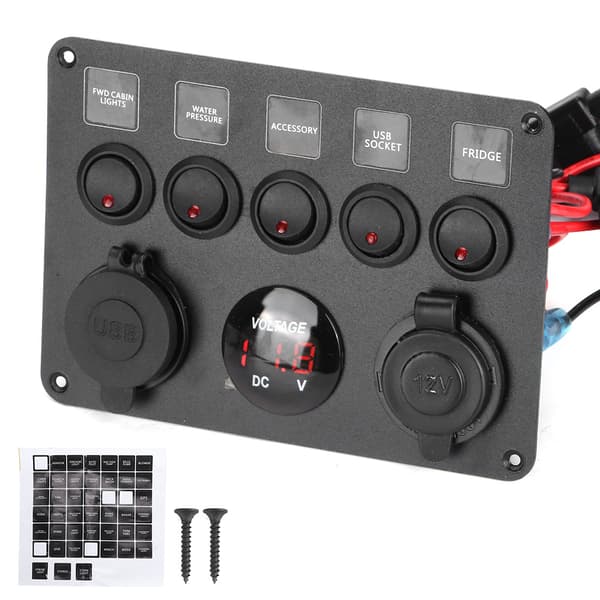 5-vägs LED-vippströmbrytarpanel med digital voltmeter, universal för husbil, bil, motorbåt, röd