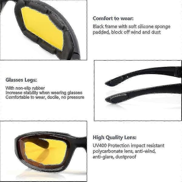 3-pack motorcykelglasögon, UV-skydd dammtäta vindtäta (grå/vit/gul) yellow