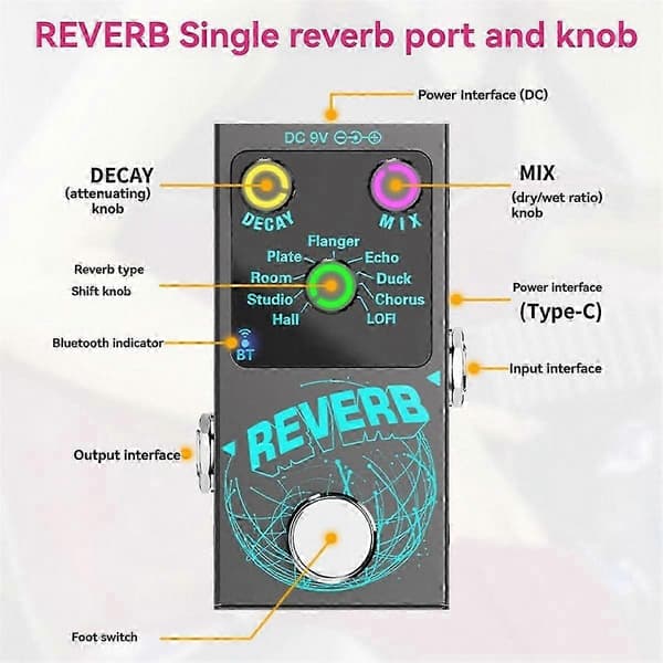 Digital reverbpedal med True Bypass och 9 inbyggda effekter för gitarr