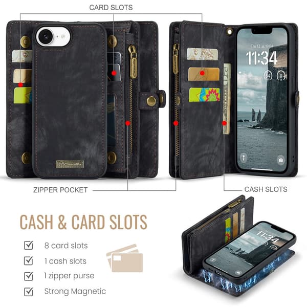 【03】CaseMe 008 BIg Wallet 2i1 Magnet Pung Etui til iPhone 17e - Sort Mørkebrun Dark brown iPhone16Pro