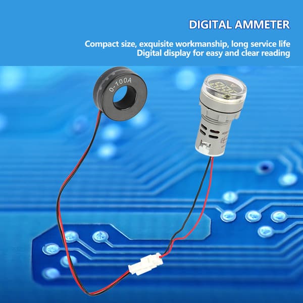 0-100A Digitalt Amperemeter AC Strømmåler Indikator LED Rund Lampe Lyssignal (Hvid)