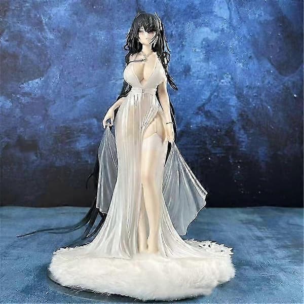 Anime Action Figur Model Statue Langt Sort Hår, Lyserøde Øjne, Hvid Gulvlang Kjole med Ædelstenshalskæde, Pendul